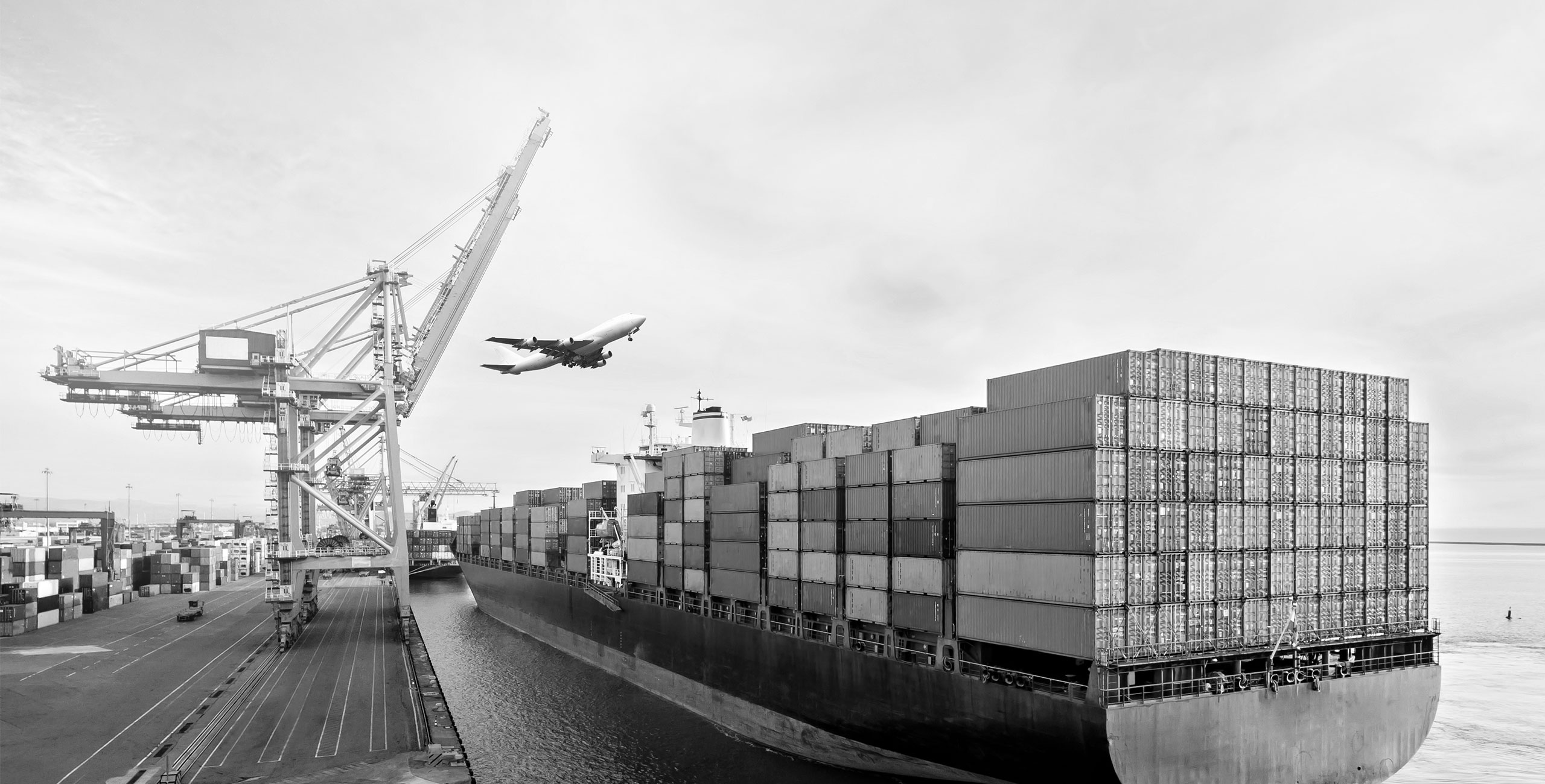 Cargo ships in port filled with containers, freight cranes and an airplane flying over.